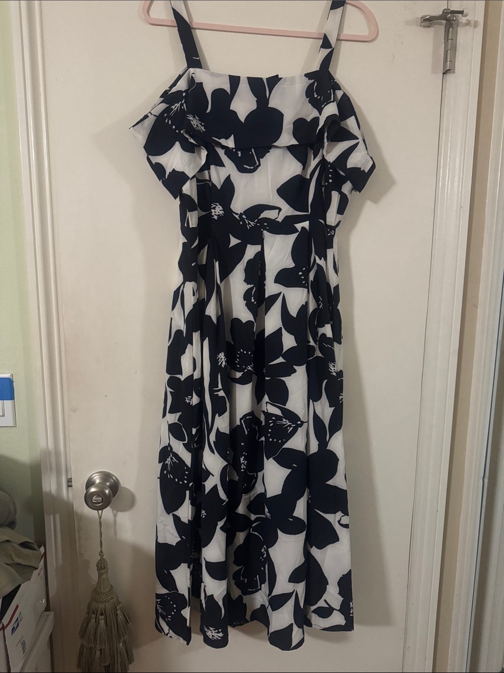 Black & White Floral Sundress with cold shoulder cap sleeves and Ruffled Bodice